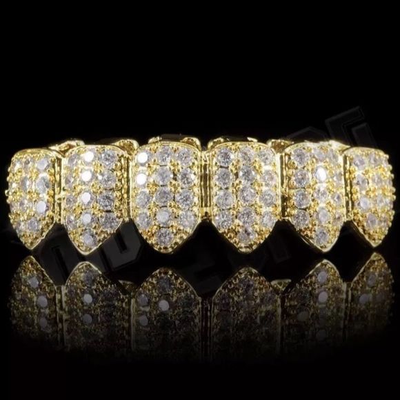 14K ICED OUT Quality Gold Cz Diamond Grillz Set - Picture 4 of 4